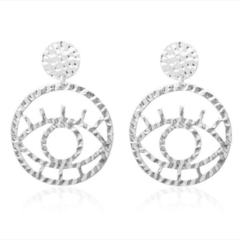 Silver Abstract Hammered Metal Evil Eye Earrings